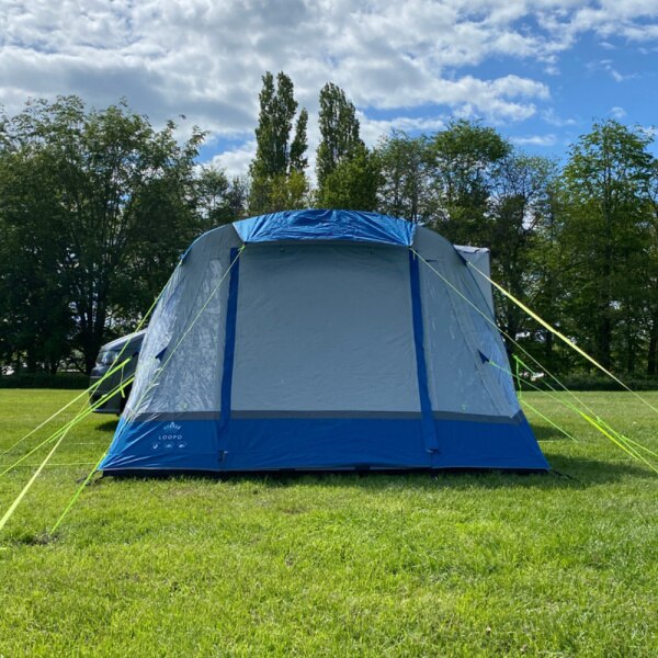 Olpro Loopo Breeze Awning in blue shown from the rear door