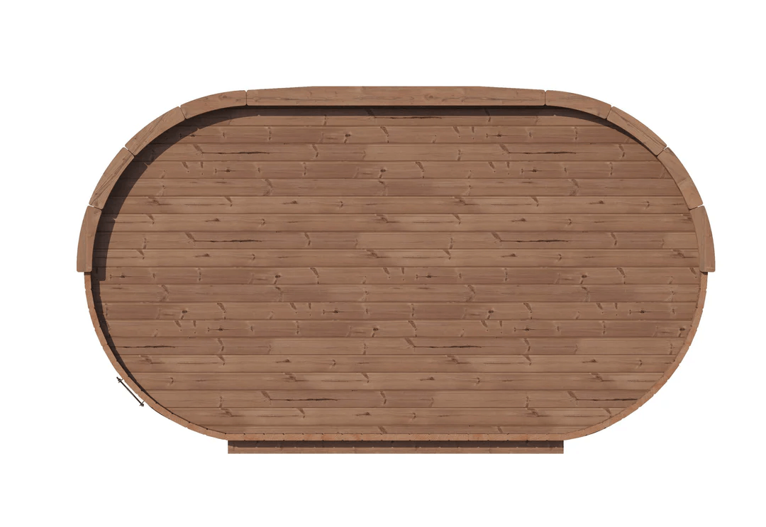 Top-down view of InMedias Camping Oval 400 showing wooden curved roof, on a white background.