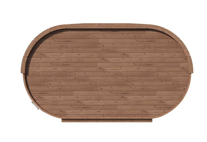 Top-down view of InMedias Camping Oval 400 showing wooden curved roof, on a white background.