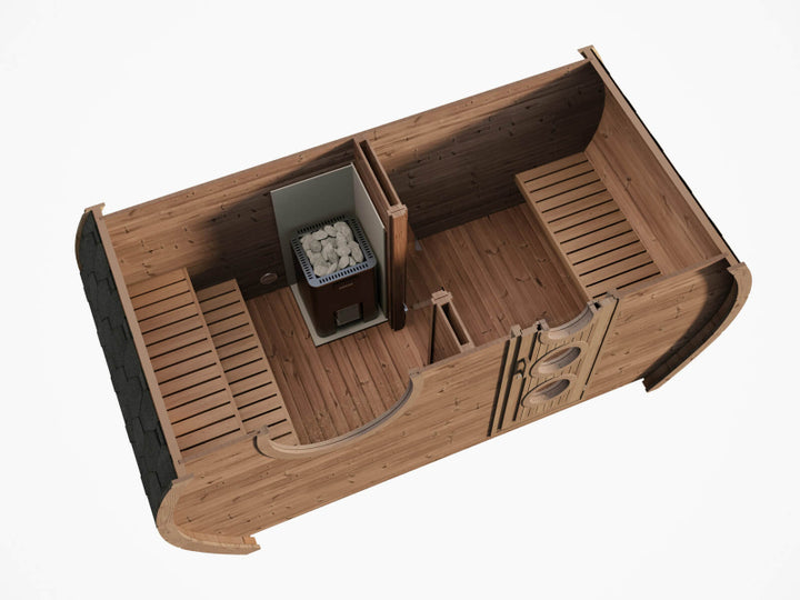 Cutaway top-down view of the InMedias Oval Sauna Frodo 195 showing two interior sections with benches and a stove,on a white background.