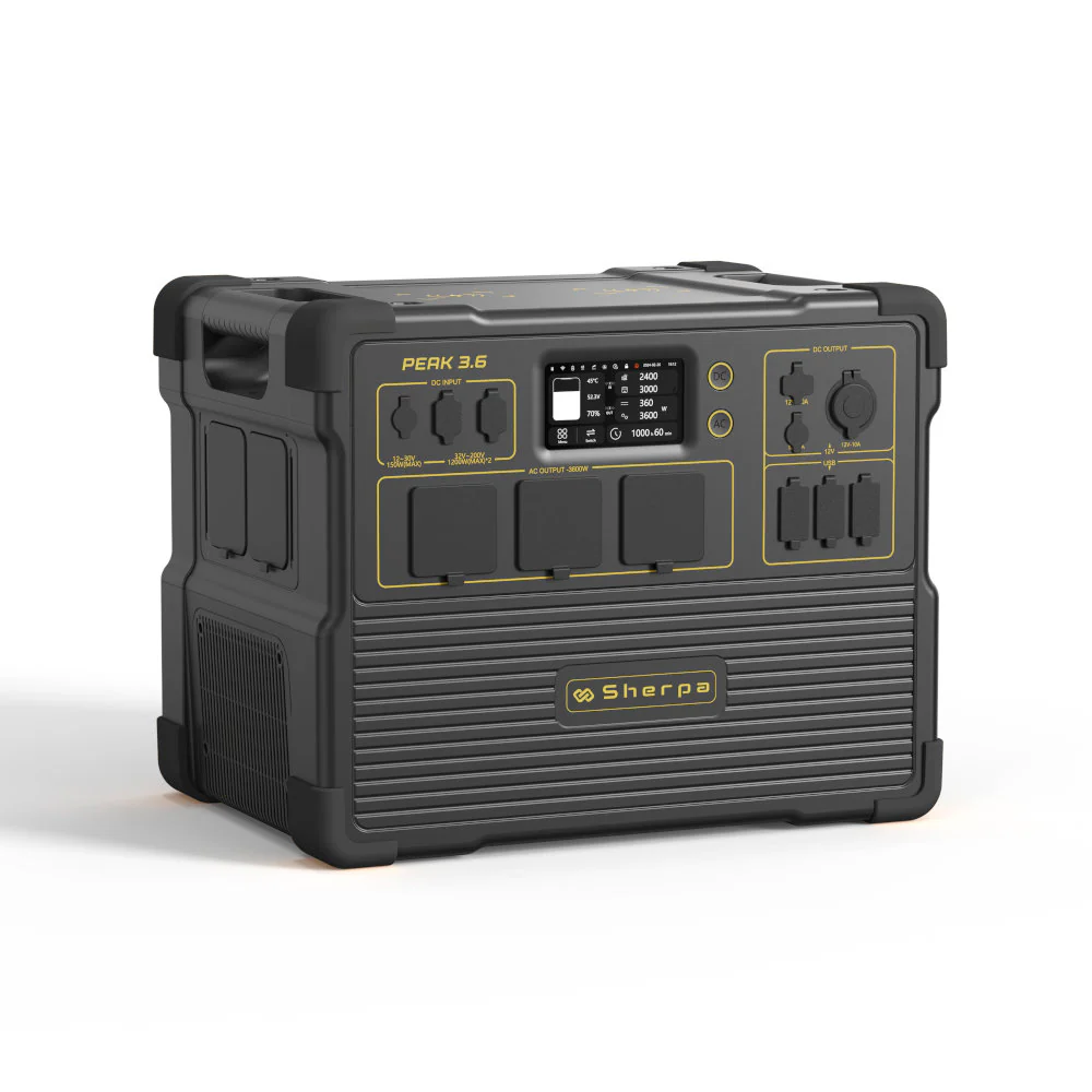 Angled view of Sherpa PEAK 3.6 portable power station showing full outlet interface on a white background.