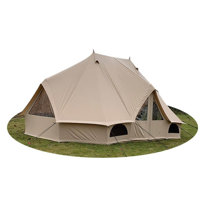 Side angle of Quest Leisure Signature Emperor bell tent isolated on a white background with grass floor shape.