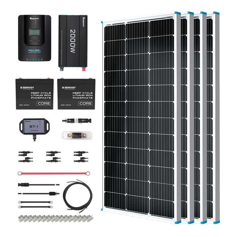 A full Renogy solar kit layout featuring four monocrystalline solar panels, two 12V 100Ah LiFePO4 batteries, a 2000W inverter, Rover charge controller, Bluetooth module, fuse, cables, mounting hardware, and connectors, on a white background.