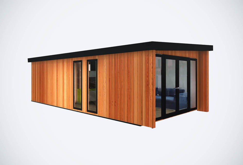 Angled front-right view of a wooden glamping pod with glass doors, floor-to-ceiling windows, and flat black roof, on a white background.