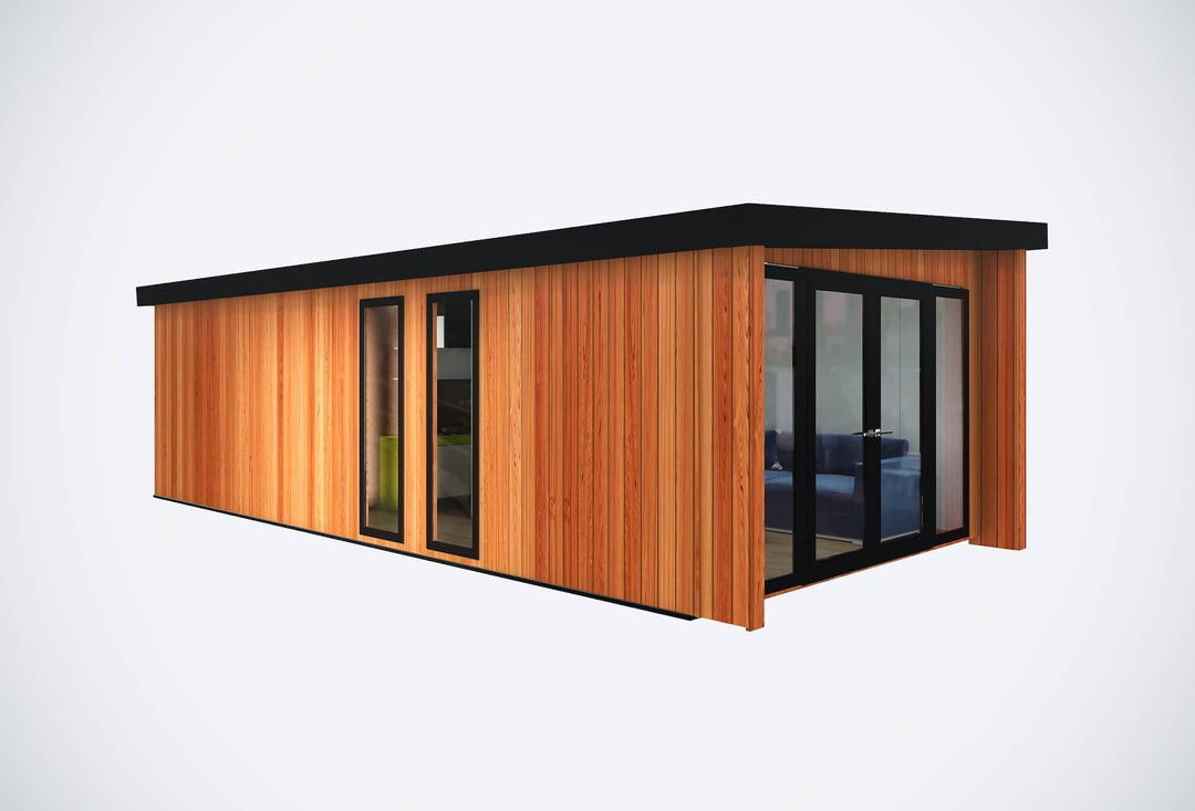 Angled front-right view of a wooden glamping pod with glass doors, floor-to-ceiling windows, and flat black roof, on a white background.