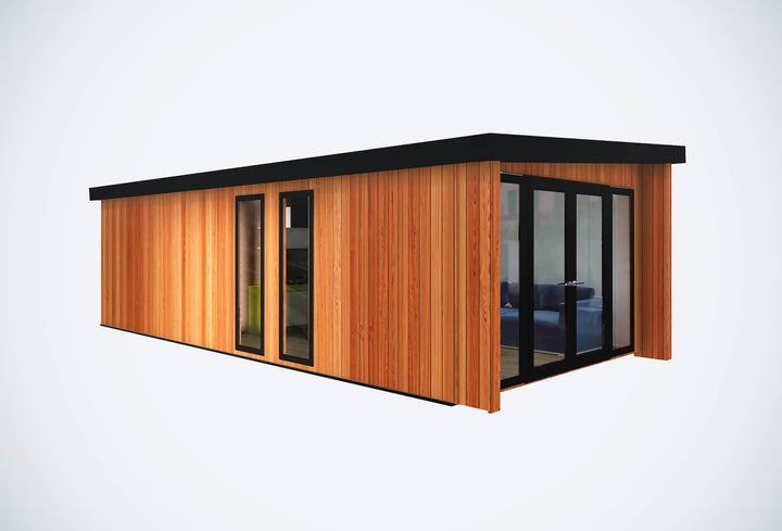 Angled front-right view of a wooden glamping pod with glass doors, floor-to-ceiling windows, and flat black roof, on a white background.