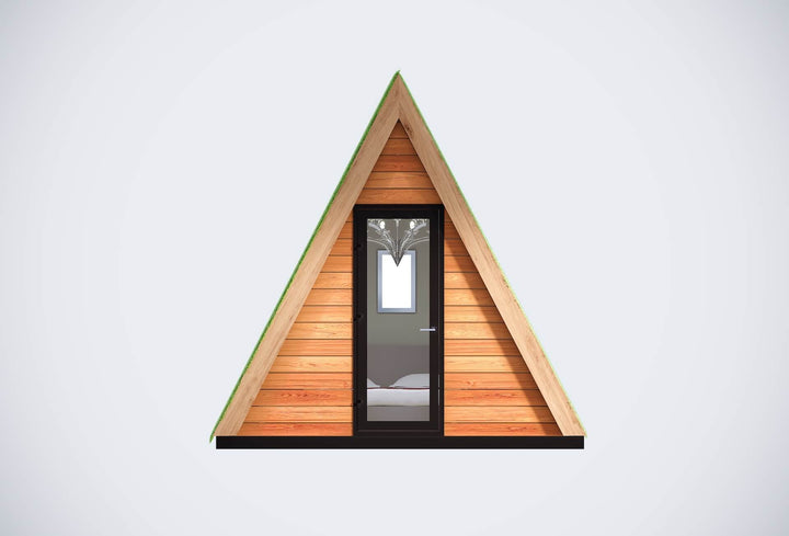 A-frame pod on a plain white background, showcasing its triangular shape and glass entrance.