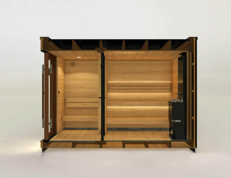 Cross-section view of the Saunum AirCube Double sauna, showing layout of two separate spaces including seating and heater zones, on a white background.