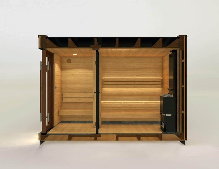 Cross-section view of the Saunum AirCube Double sauna, showing layout of two separate spaces including seating and heater zones, on a white background.