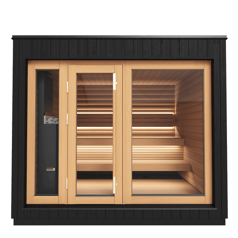 Front view of the Saunum AirCube One sauna with large glass doors and windows, showcasing a tiered wooden interior with LED lighting, on a transparent background.