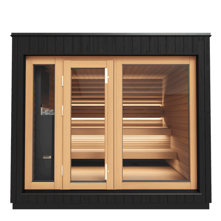 Front view of the Saunum AirCube One sauna with large glass doors and windows, showcasing a tiered wooden interior with LED lighting, on a transparent background.
