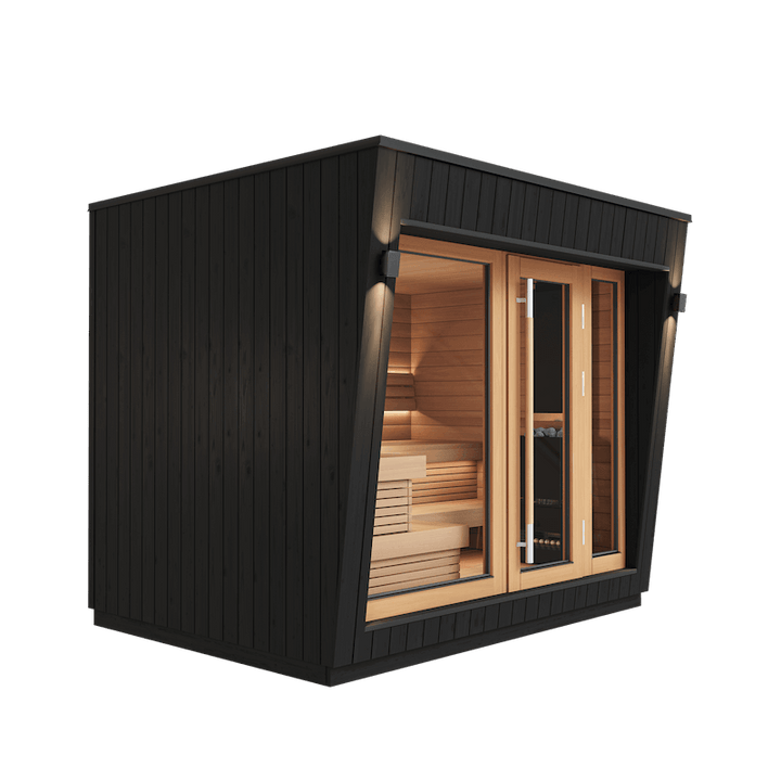 Saunum AirCube Space sauna with black vertical wood exterior, angled facade, and large front windows, showcasing a warm interior glow, on transparent background.