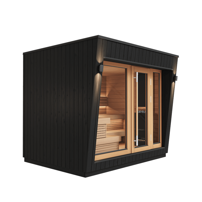 Saunum AirCube Space sauna with black vertical wood exterior, angled facade, and large front windows, showcasing a warm interior glow, on transparent background.