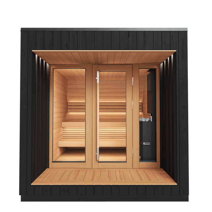 Front view of the Saunum AirCube Terrace sauna with black panel siding, wide glass doors, and a natural wood interior, on a transparent background.