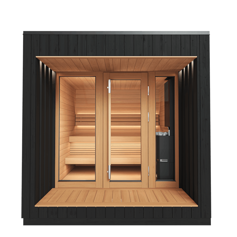 Front view of the Saunum AirCube Terrace sauna with black panel siding, wide glass doors, and a natural wood interior, on a transparent background.