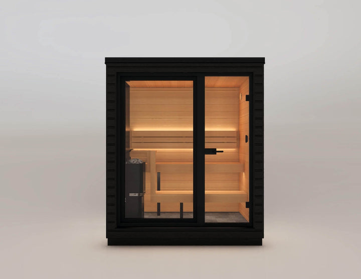 A frontal view of a small modern sauna with glass double doors and interior bench seating on a plain background.