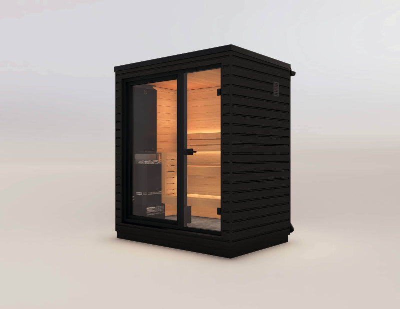 A black sauna cabin with a front-facing glass door and side ventilation panel, revealing a warm wooden interior on plain background.