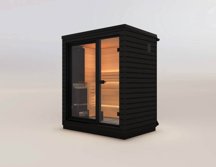 A black sauna cabin with a front-facing glass door and side ventilation panel, revealing a warm wooden interior on plain background.