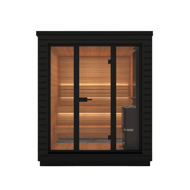 Front view of Saunum Classic Mini sauna with three-panel glass door and interior wooden bench, on a transparent background