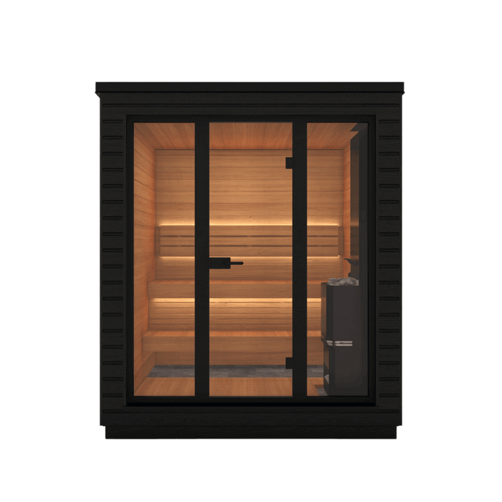 Front view of Saunum Classic Mini sauna with three-panel glass door and interior wooden bench, on a transparent background