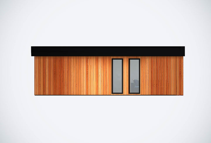 Front  of a rectangular glamping unit with vertical wood cladding, two tall narrow windows, and flat black roof, on a white background.