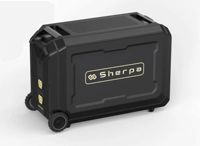 Angled top-down view of the unit with side ports exposed, designed for linking with a power station, featuring the Sherpa logo prominently,  with white background.
