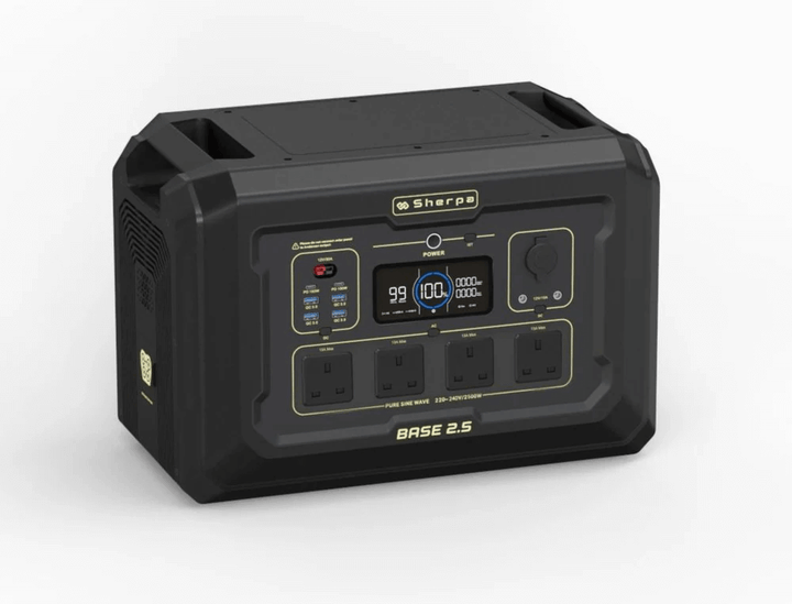 Top angle view of Sherpa BASE 2.5 showing digital screen, outlet array, and handle design, on a white background.