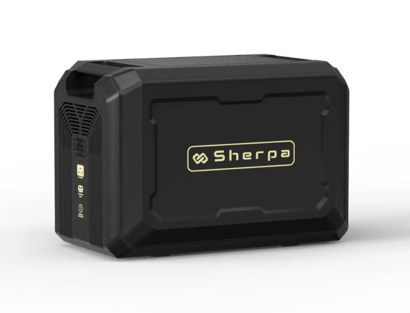 Side panel of Sherpa BASE 2.5 highlighting AC charge and solar/car input ports, on a white background.