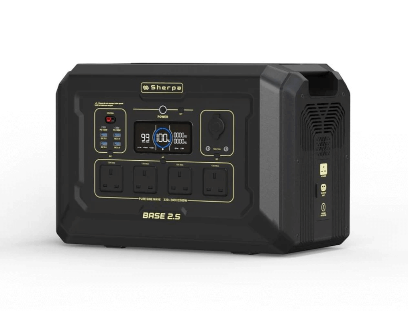 Angled front view of Sherpa BASE 2.5 power station with display, control dial, and 4 AC outlets, on a white background.