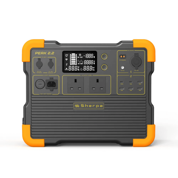 Front view of the Sherpa Peak 2.2 power station showing all input/output ports, dual AC outlets, and digital display, on a white background.