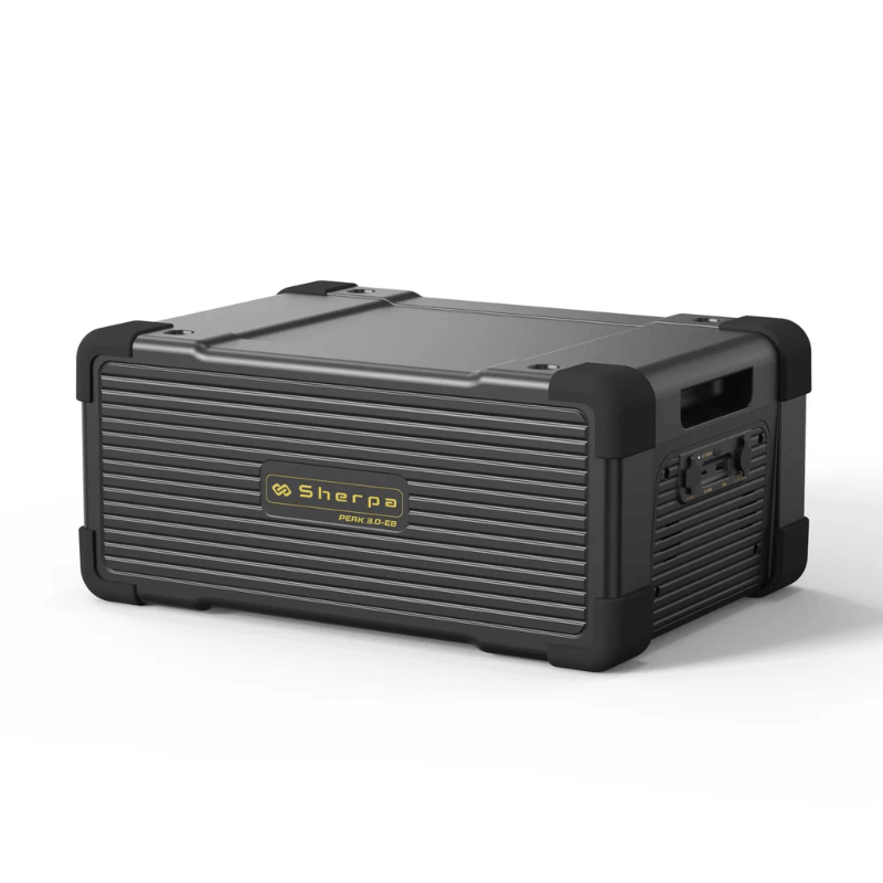 Angled side view of the Sherpa Peak 3.0 Extra Battery showing the front branding and side panel connectors, on a white background.