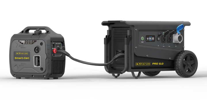 Sherpa Smart-Gen generator connected to a Sherpa Pro 5.0 power station side-by-side, on a transparent background.