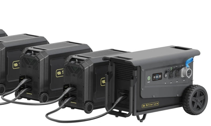 Four Sherpa Pro 5.0 portable power stations connected in series, positioned diagonally, on a white background.