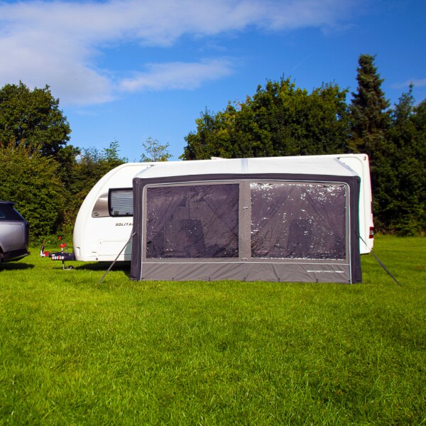 Sport Pro 390 Awning shown from front next to a car