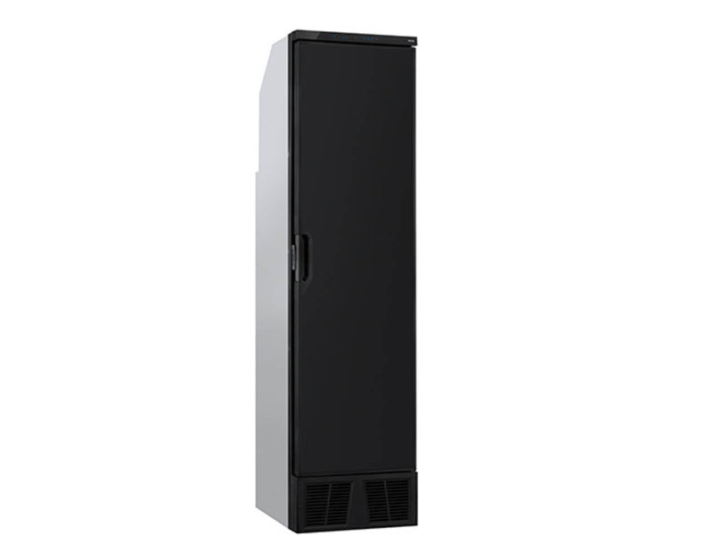 Thetford T2138 12V Slimline Fridge closed, slim black design with vented bottom panel, on a white background.