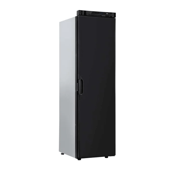 Side view of Thetford T2152 12V SLIMLINE FRIDGE with slim black frame,  on a white background