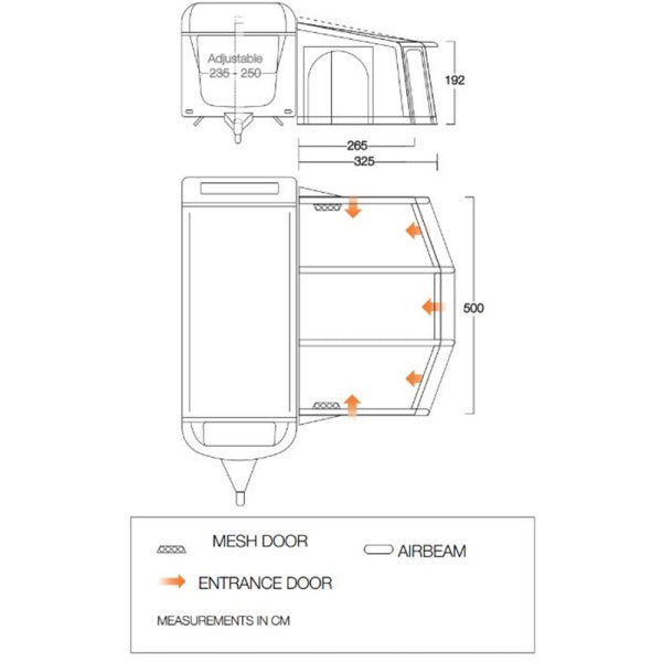 Diagram showing the dimensions of a Vango Tuscany Air 500