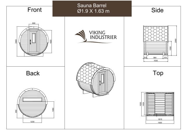 Technical drawing of the Viking Industrier 1.9 x 1.63m Barrel Sauna with front, side, back, and top views on a white background.