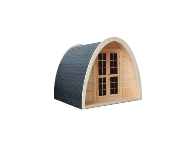 Wooden Viking Industrier 2.4 x 2.4m Camping Pod with dark roof shingles and double doors on a white background.