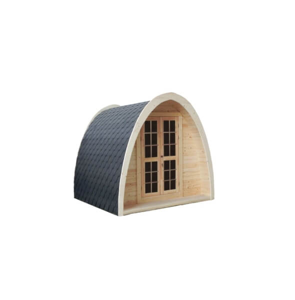 A Viking Industrier 2.4 x 3m Camping Pod with natural wood front and dark shingle roof, on a white background.