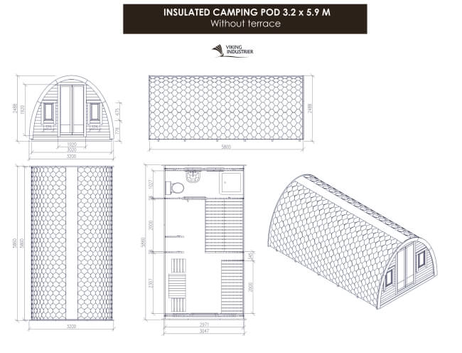Viking Industrier 3.2 x 5.9m Camping Pod architectural drawings showing multiple views including top, side, and 3D perspective on a white background.
