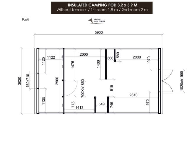 Viking Industrier 3.2 x 5.9m Camping Pod technical floor plan with detailed room dimensions on a white background.