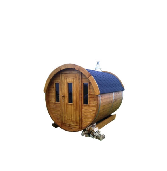 Viking Industrier Barrel Sauna 1.9 x 2m in natural wood color with black shingles, placed on wooden supports, on a white background.