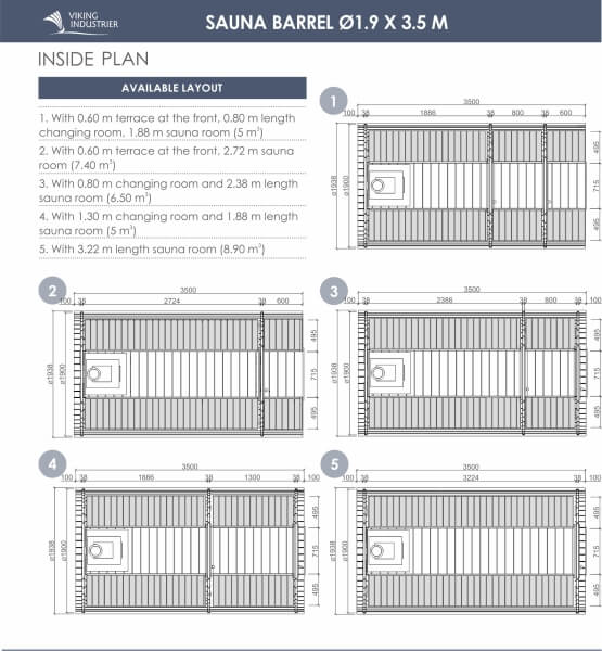 Dimension layout diagram of Viking Industrier Barrel Sauna 1.9 x 3.5m with five layout options including terrace and changing room configurations, with white background.
