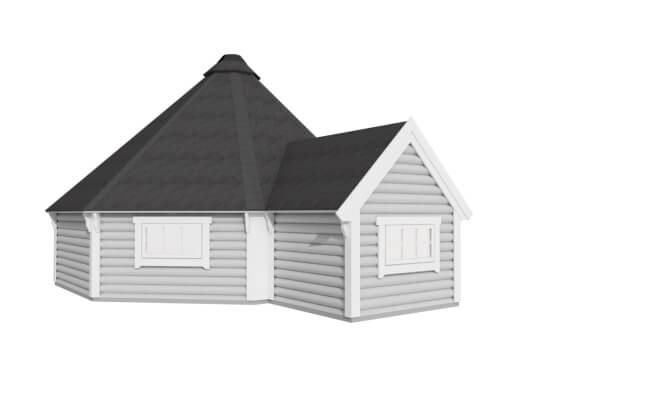 Rear angled view of Viking Industrier Camping Cabin 25m with attached extension unit, black roof, and gray timber siding on a white background.