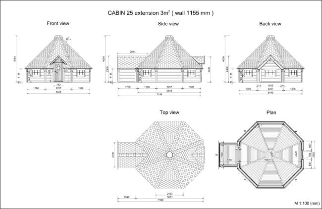 Technical drawing of Viking Industrier Camping Cabin 25m with extension showing front, side, back, top, and floor plan views on a white background.