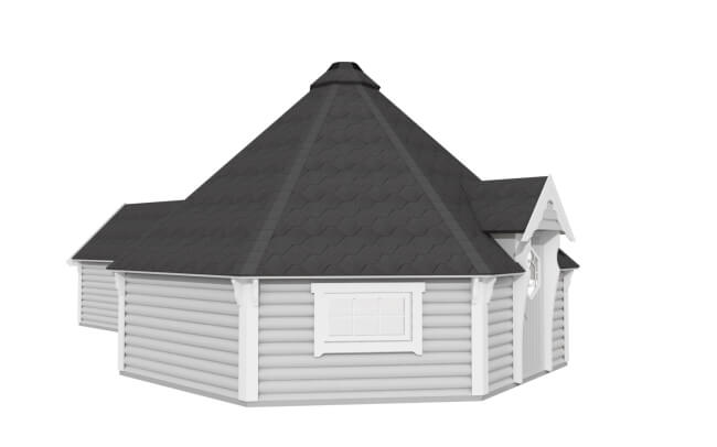 Side view of Viking Industrier Camping Cabin 25m with black shingled roof and light gray walls on a white background.