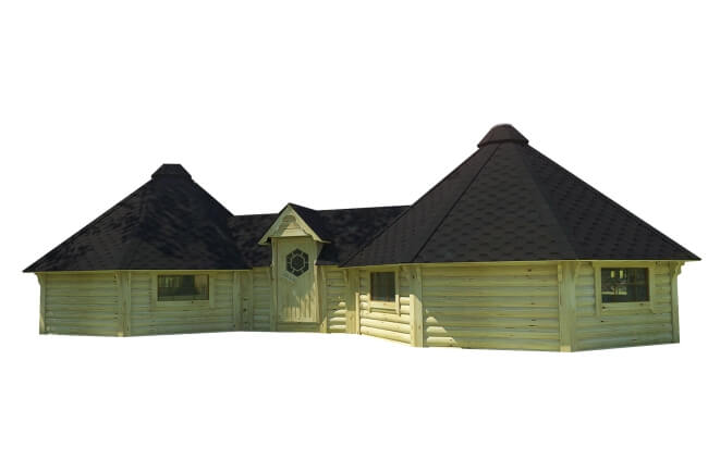 Viking Industrier Double Camping Cabin 16.5m with natural wood finish and dark shingle roof, on a white background.