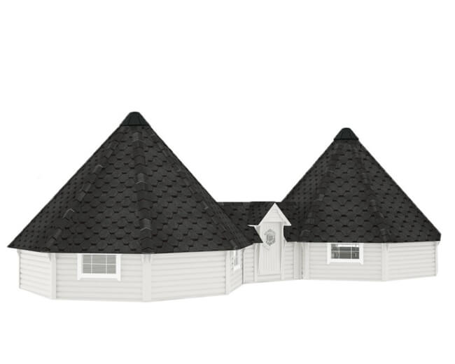 Exterior view of the Viking Industrier Double Camping Cabin 25m with black shingle roofing and light gray walls on a white background.