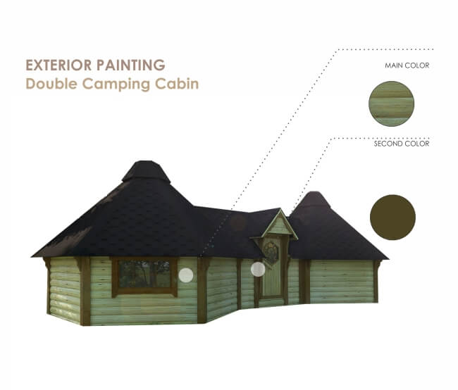 Viking Industrier Double Camping Cabin 16.5m exterior painting sample with green-toned wood and dark brown accents, on a white background.